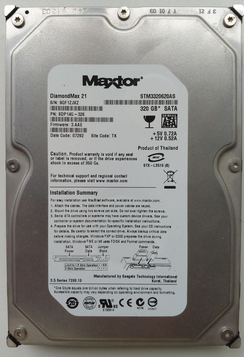 HDD SATA/300 3.5" 320GB / Maxtor DiamondMax 21 (STM3320620AS)